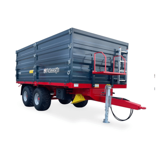 Blue-gray agricultural trailer with tall side panels and red chassis, hitching post visible, isolated on white background.