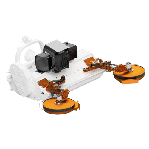 Industrial floor polishing machine with two orange polishing discs extending from a white base.