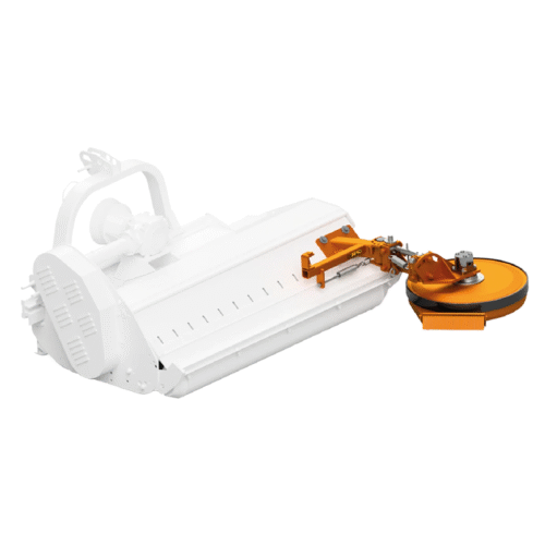 White industrial milling machine with an orange circular cutting drum at the front, used for pavement removal