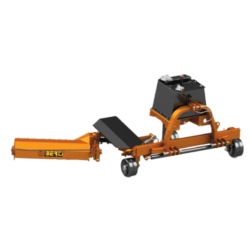 Orange industrial cart with a black inclined platform and a mounted control box; four wheels and metal frame suggest a material-handling trailer or rail-cart variant.