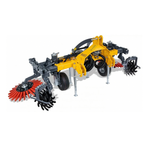Tow-behind cultivator with yellow frame and red rotating tines for soil cultivation (agricultural implement)