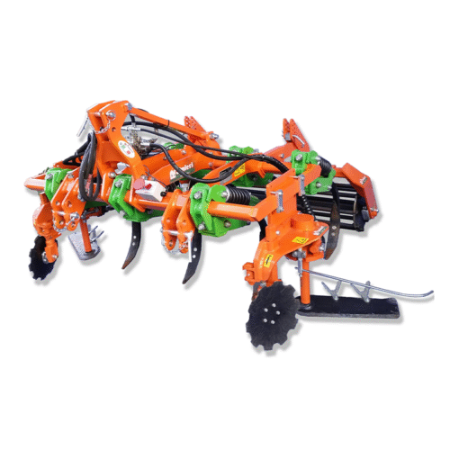 Orange farming implement with multiple tines and green frame, a cultivator/harrow attachment on a white background.