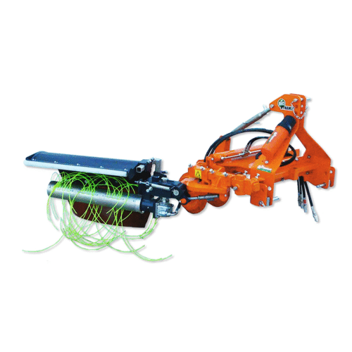 Orange agricultural implement with a roller and neon green wire coils, isolated on a white background, likely a soil cultivation attachment on a frame with hydraulic hoses.